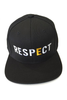 RESPECT Snapback: A black snapback hat with the world RESPECT written across the front in large capitol white letters, and a golden "E."
